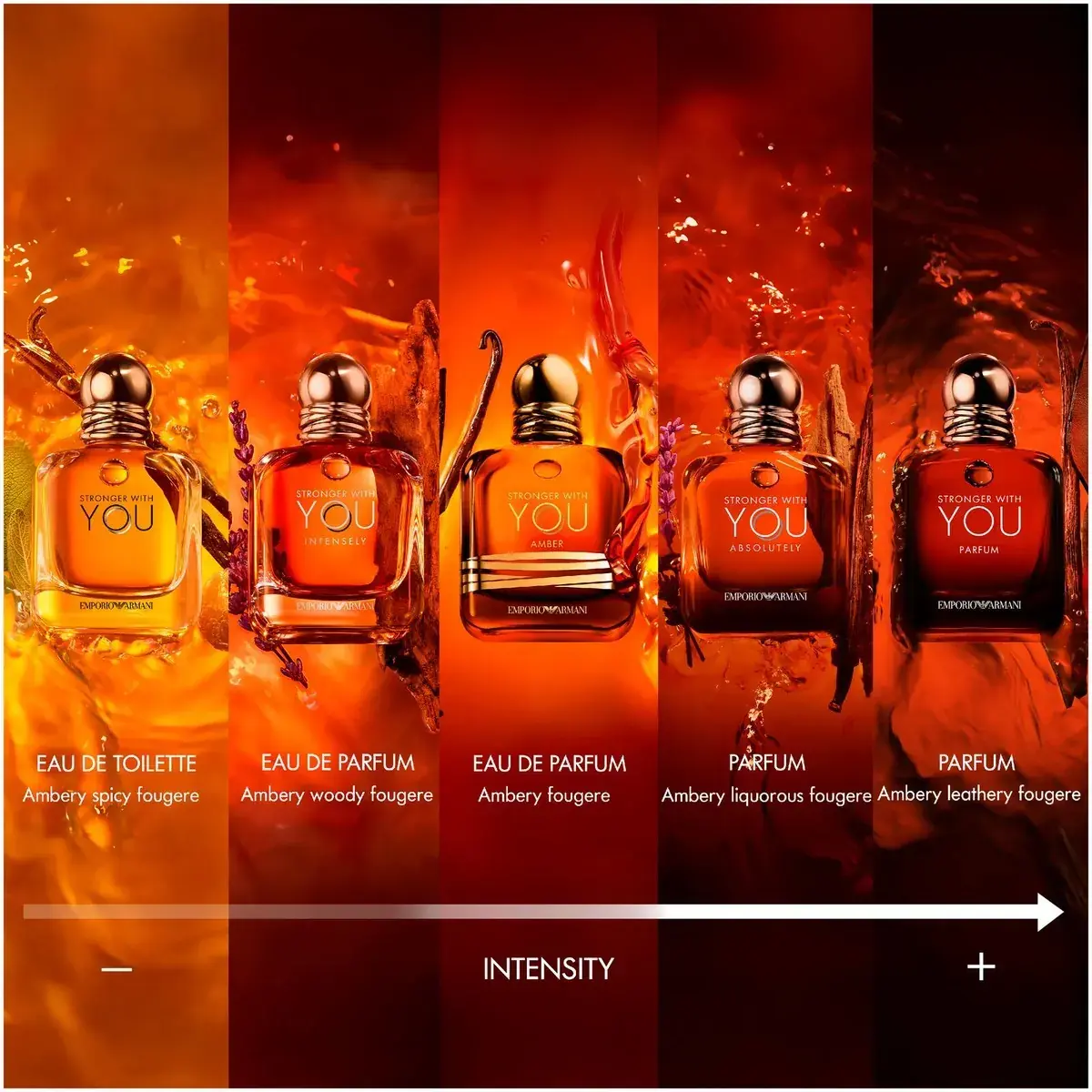 emporio armani stronger with you amber 100ml intensity chart نمودار رسمی شدت آرمانی برای خط استرانگر ویت یو؛ آمبر ادو پرفیوم در میانه، میان اینتنسلی و ابسولوتلی