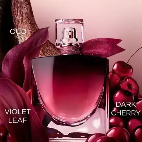 lancome lvb very cherry edp 100ml notes سه نت اصلی عطر وری چری لانکوم، گیلاس تیره، برگ بنفشه و عود، کنار شیشهی عطر