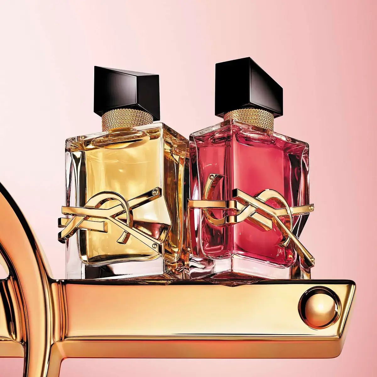 yves saint laurent libre berry crush libre and berry crush شیشهی طلایی لیبر ادو پرفیوم و شیشهی قرمز لیبر بری کراش کنار هم روی قفسهای طلایی